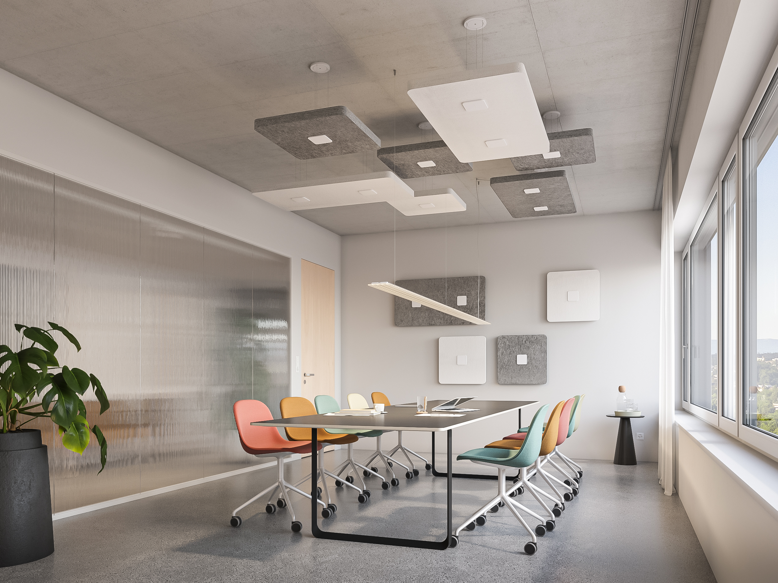 DISC´N DOTS Q 600 andDISC´N DOTS Q 600 DOUBLE with DOTS WHITE suspended from the ceiling and mounted directly on the wall.